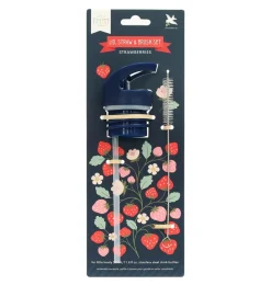A Little Lovely Company Strawberries | Drink Bottles-Lid, straw & brush set: Strawberries