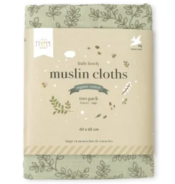 A Little Lovely Company Muslin Cloths-Muslin cloth set of 2: Leaves - sage green